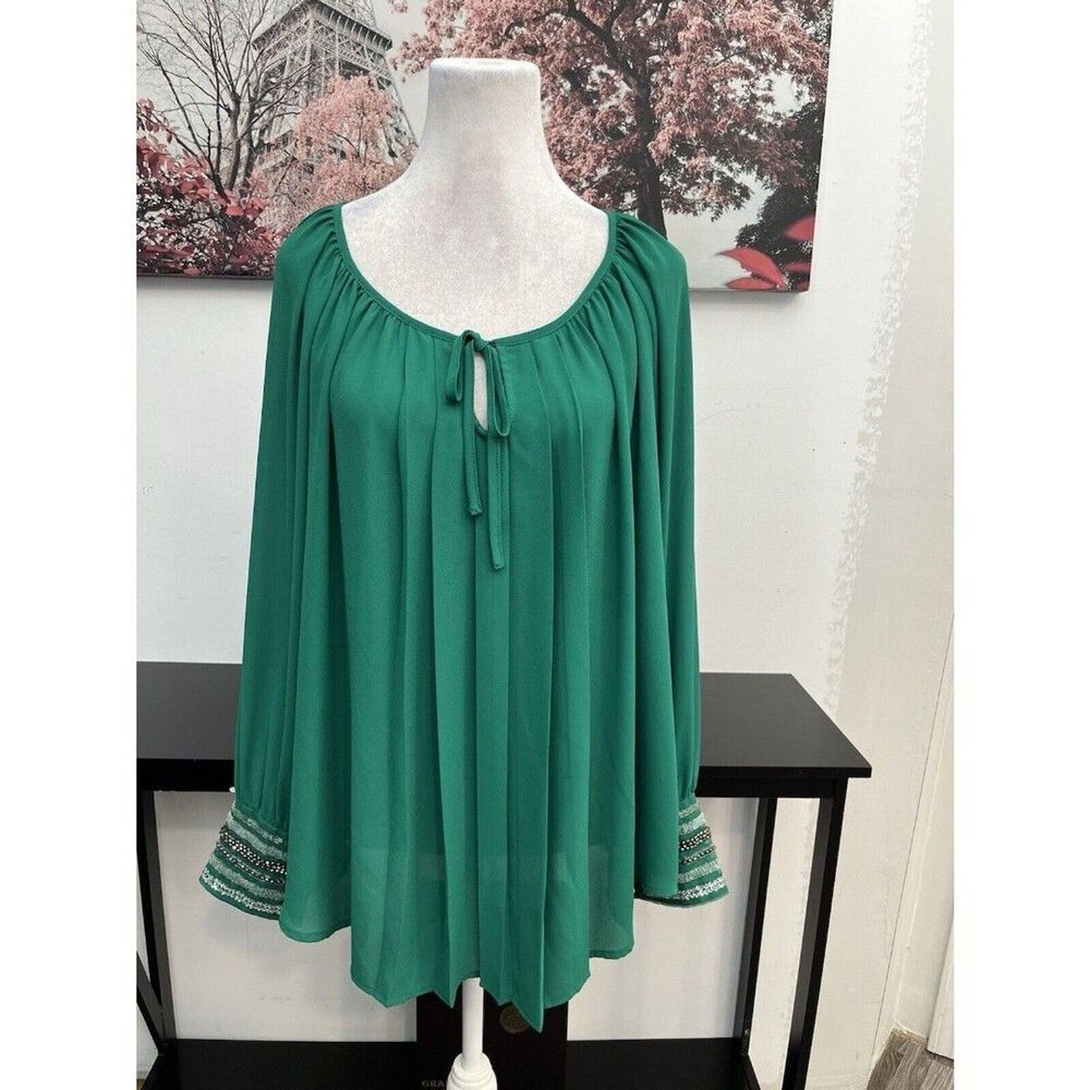 Alfani Woman 18W Emerald Green Pleated Blouse Beaded Smocked Cuff Sleeve Top
